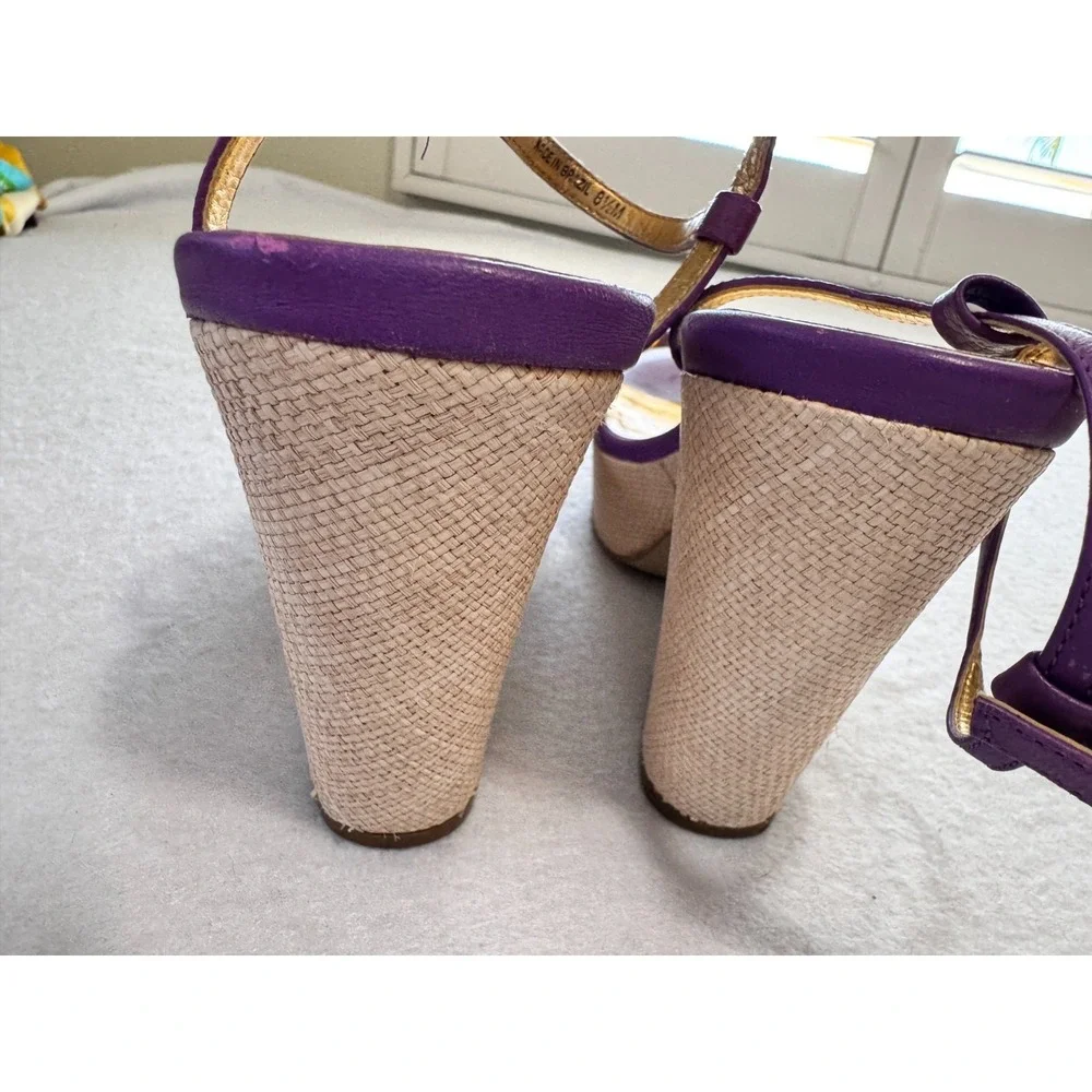 Kate Spade Alice Purple Gold Leather Wedge Espadrille Platform Sandals 8.5 Women